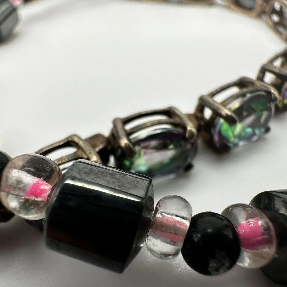 Vintage 90's Black & Pink Hematite Magnetic‎ Necklace & Wrap Bracelet Set Retro
